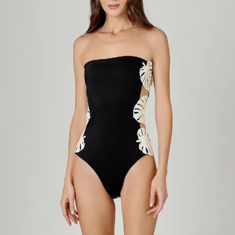 Black and white strapless leaf patchwork hollow one-piece Set