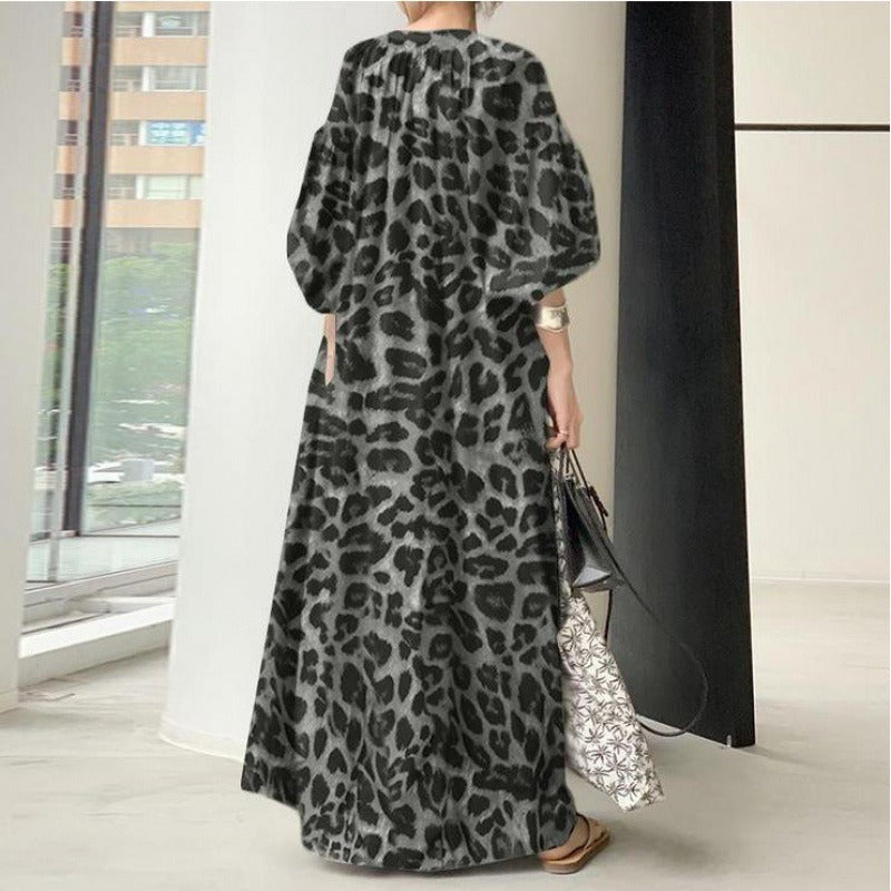 Leopard Print Stand up collar Bubble Sleeves Loose  Bohemian Dress