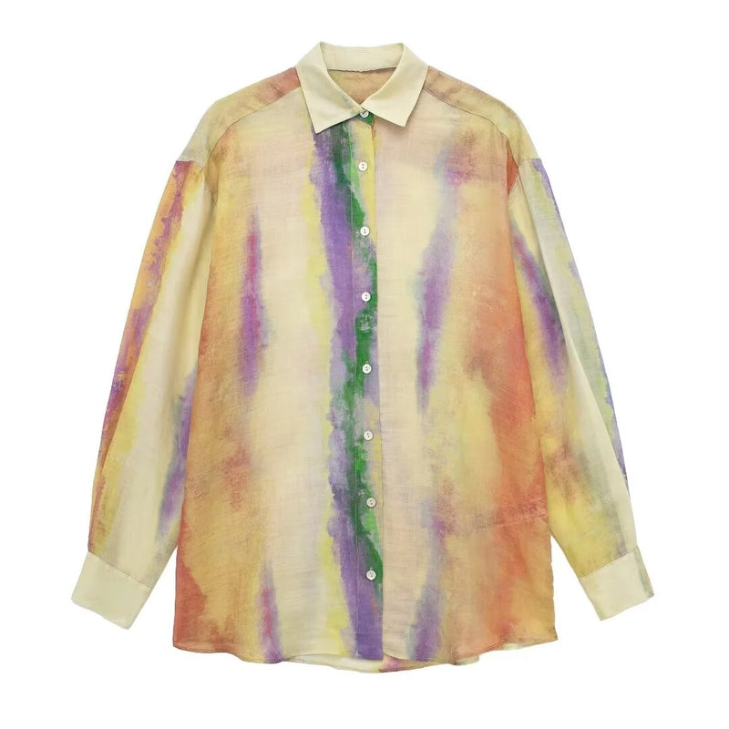 Tie Dye Skirts Set Long Shirt Semi Transparent Button Up Shirt + Tie Dye