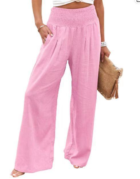 Cotton Linen Color Elastic Waist Wide Leg Pants - Stellar Real