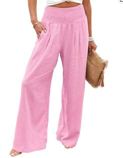Cotton Linen Color Elastic Waist Wide Leg Pants - Stellar Real