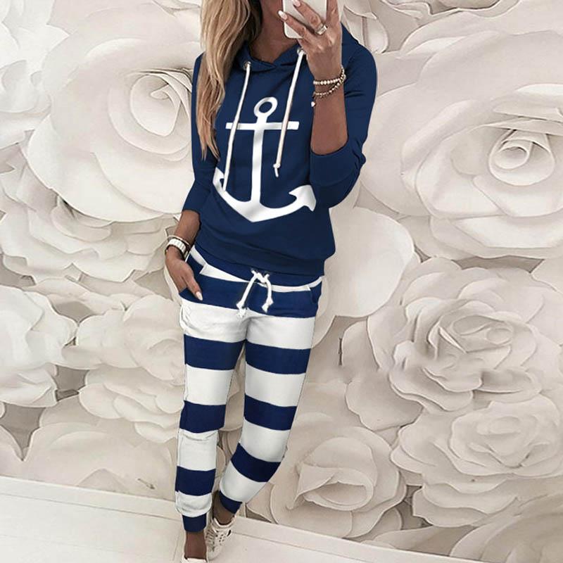 Long Sleeved Sweater Striped Pants Sports Running Two Piece Set