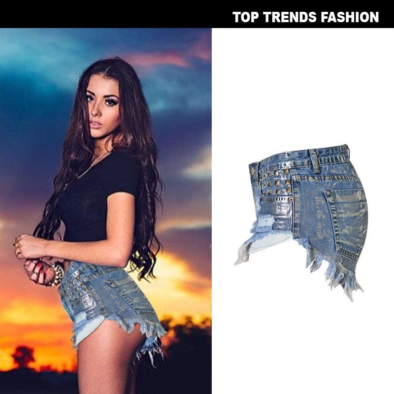 Women's High Waist Slim Frayed Rivets Denim Hot Pants Metal Silver Street Shots Large Size - Stellar Real