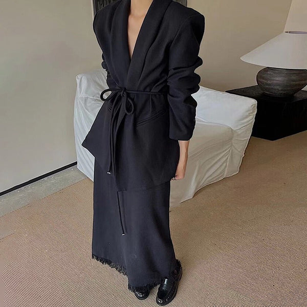 Solid Color Suit Waist Suit Jacket + Tassel Skirt Two-piece Set