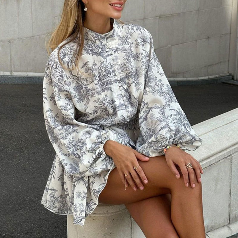 Long sleeved lace up high waisted printed dress