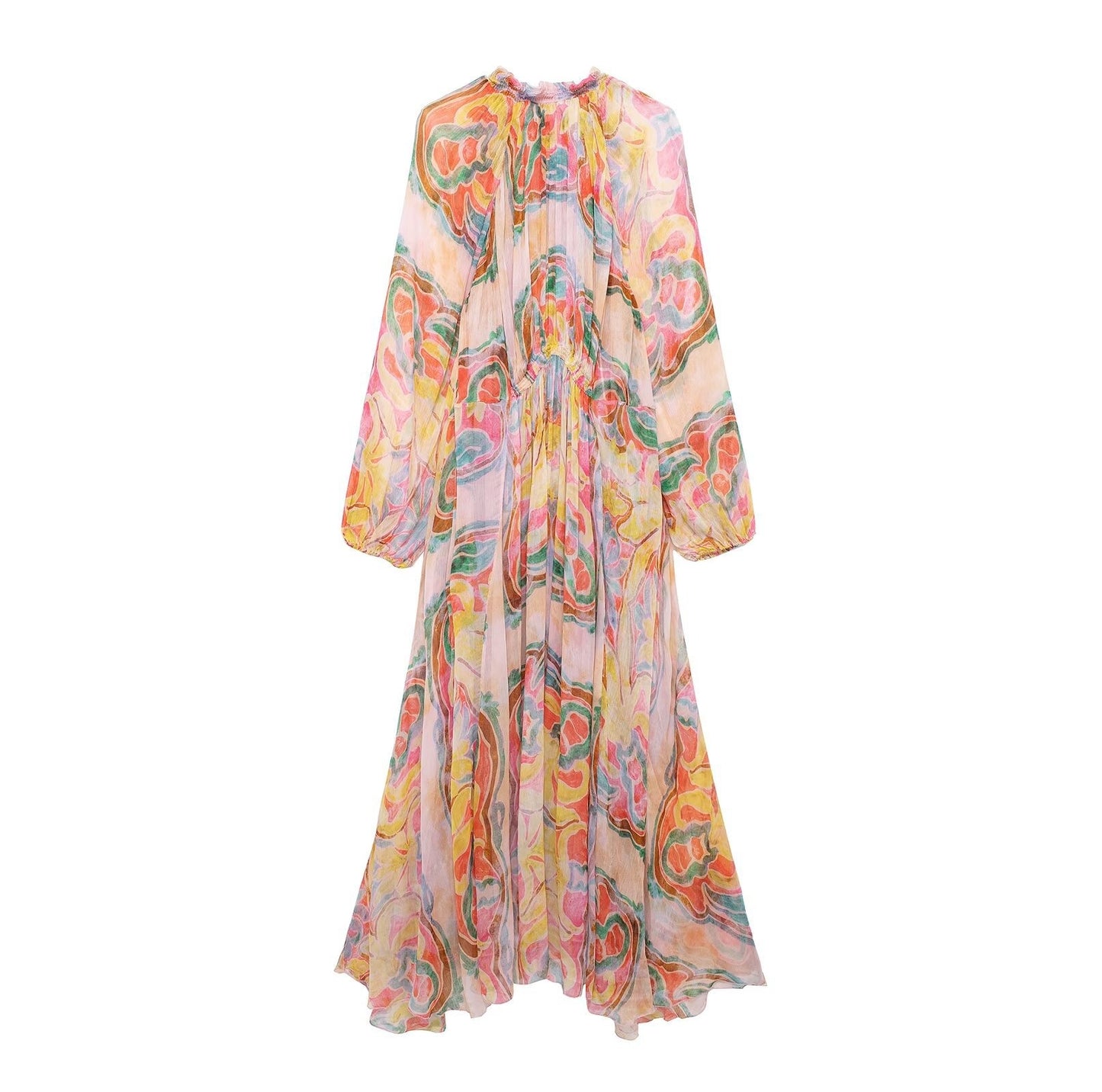 New Half High Collar Long Sleeve Printed Waist Loose Dress