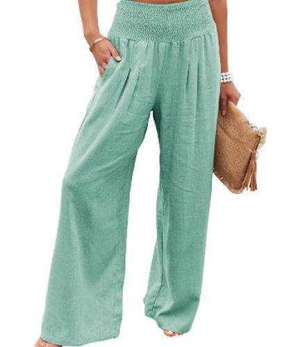 Cotton Linen Color Elastic Waist Wide Leg Pants - Stellar Real