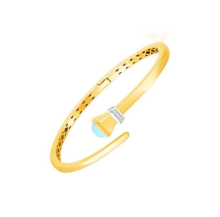 14k Yellow Gold Crossover Style Hinged Bangle Turquoise and Diamonds - Stellar Real