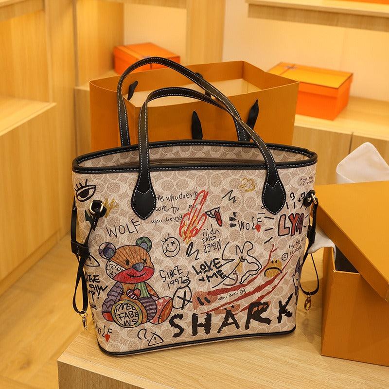 Cartoon bear soft leather graffiti printing tote bag - Stellar Real