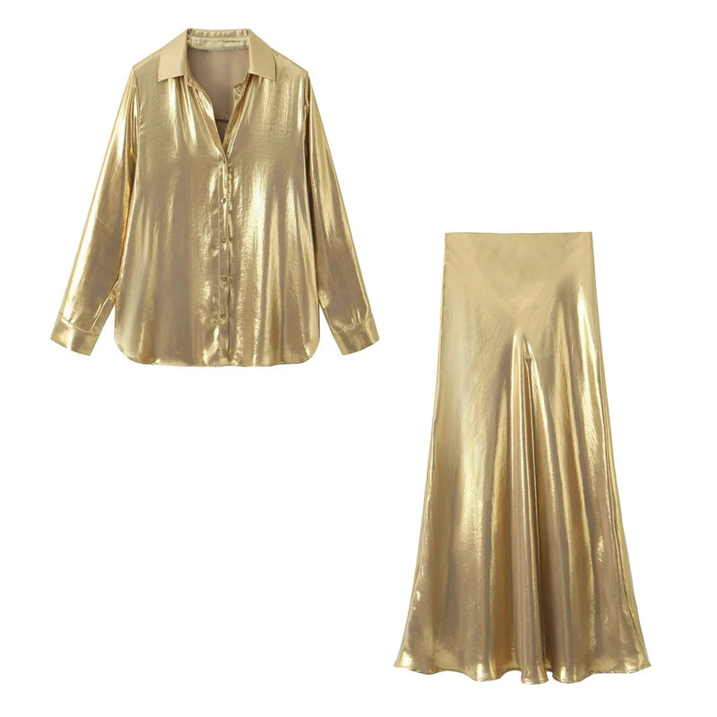 Metallic 2 Piece Set Sparkle Golden Lapel Long Sleeved Chic Shirt