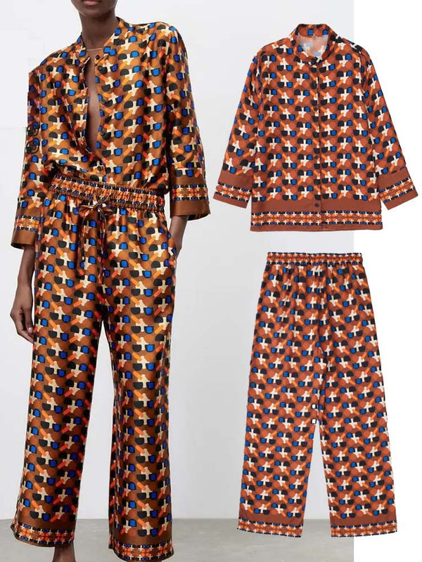 Vintage Printed Blouses Tops + Straight Pants Set