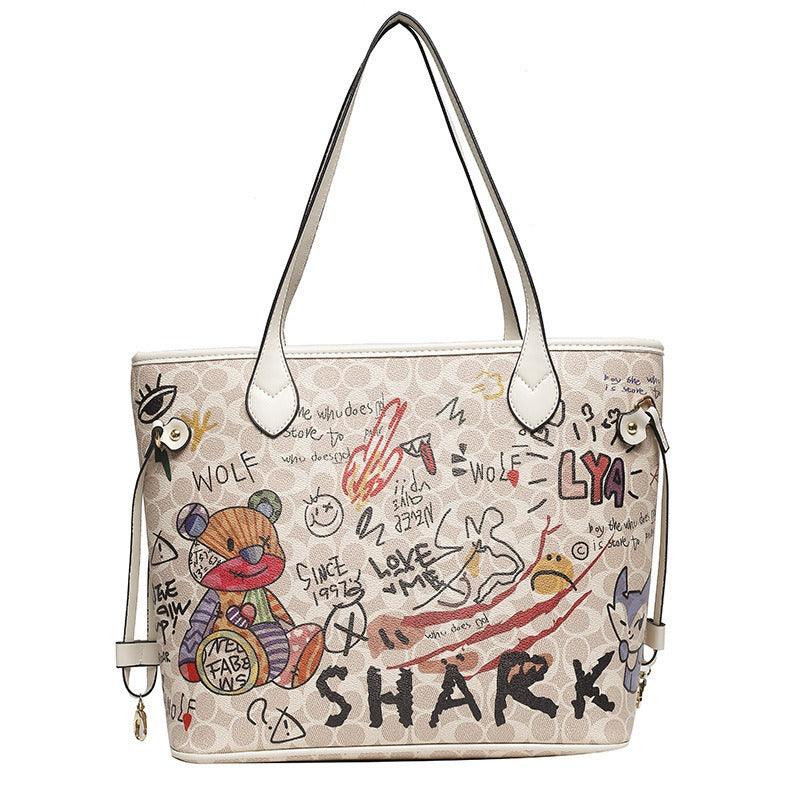 Cartoon bear soft leather graffiti printing tote bag - Stellar Real