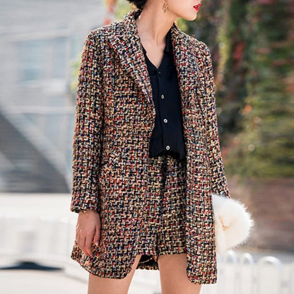 Runway Tweed Turn-Down Collar Plaid Long Coat and short pant Set