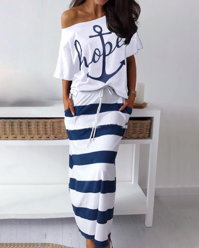 Navy Style Casual Boat Anchor Print Short Sleeve  Set