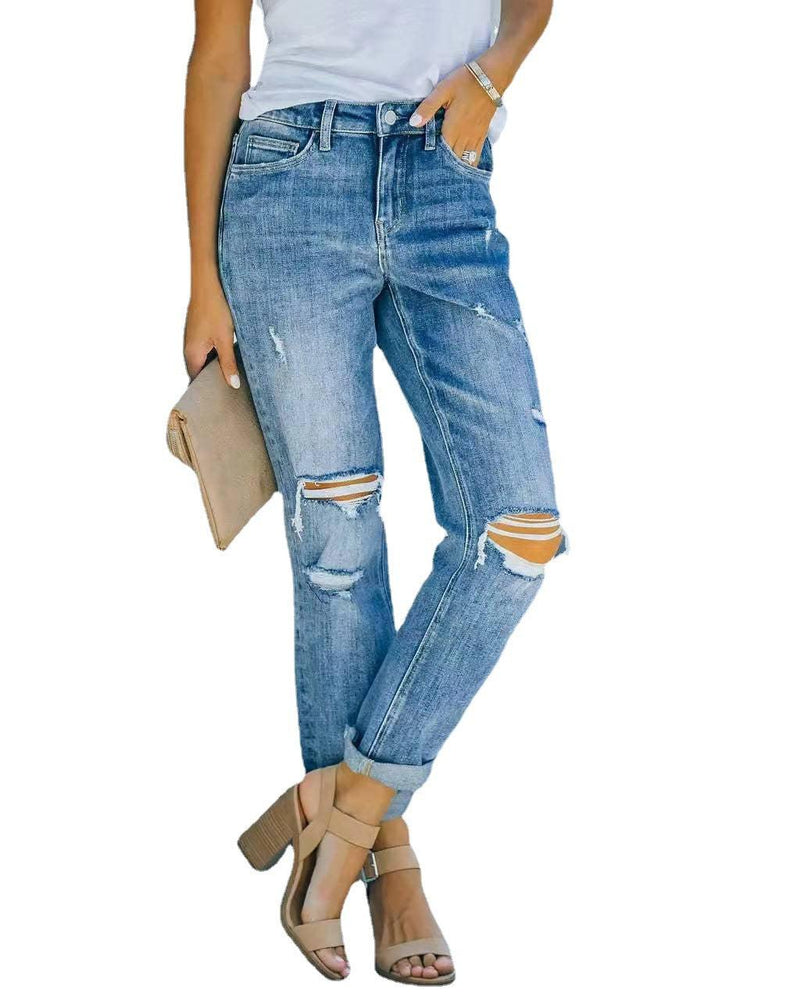 Europe American Trend Ripped Jeans Trousers Blue - Stellar Real