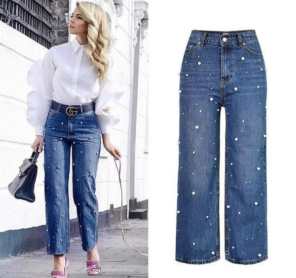 High Waist Flared Trousers Pearl Studded Loose Jeans - Stellar Real