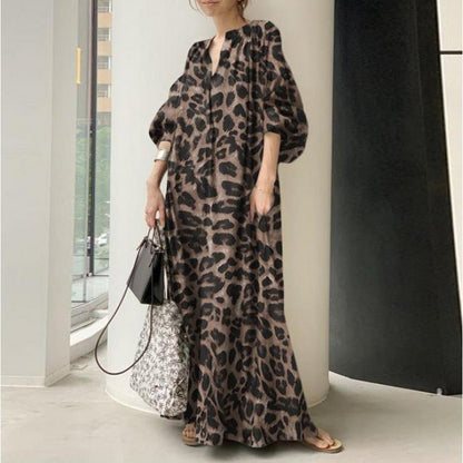 Leopard Print Stand up collar Bubble Sleeves Loose  Bohemian Dress