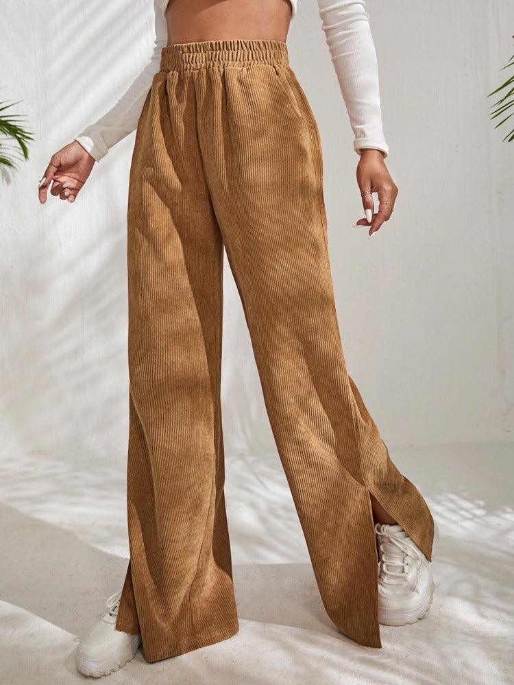 High Waist Solid Corduroy Splice Slit Bottom Pants - Stellar Real