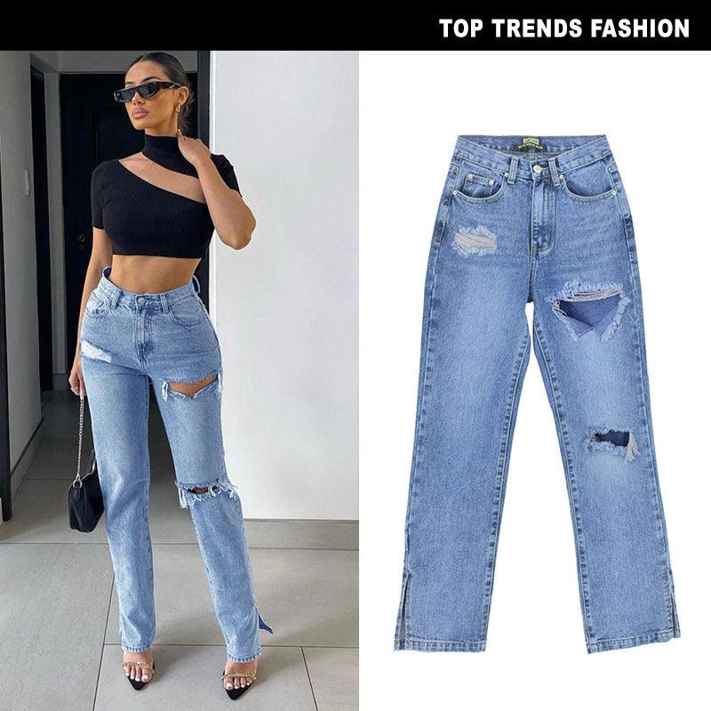 Women's High-Waisted High-Slim Straight-Leg Denim Trousers Mopping Trousers Ripped Hole Foot Slit Drape Slightly Flared Trousers - Stellar Real
