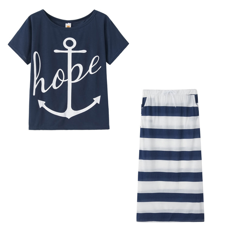 Navy Style Casual Boat Anchor Print Short Sleeve  Set