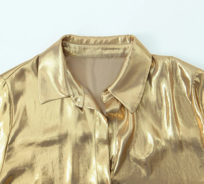 Metallic 2 Piece Set Sparkle Golden Lapel Long Sleeved Chic Shirt