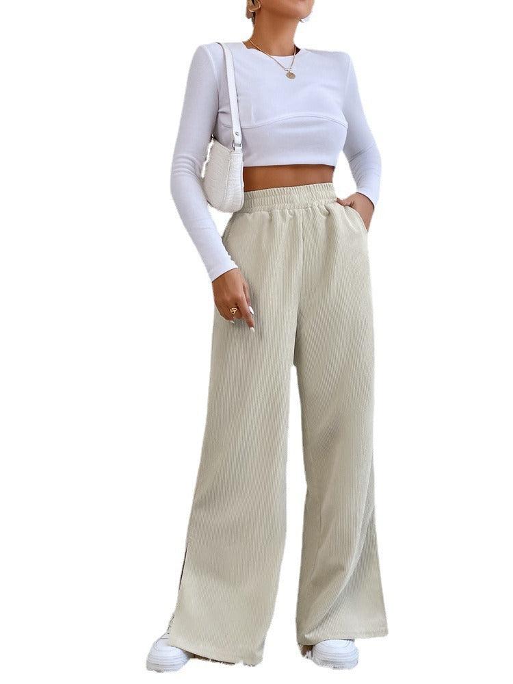 High Waist Solid Corduroy Splice Slit Bottom Pants - Stellar Real