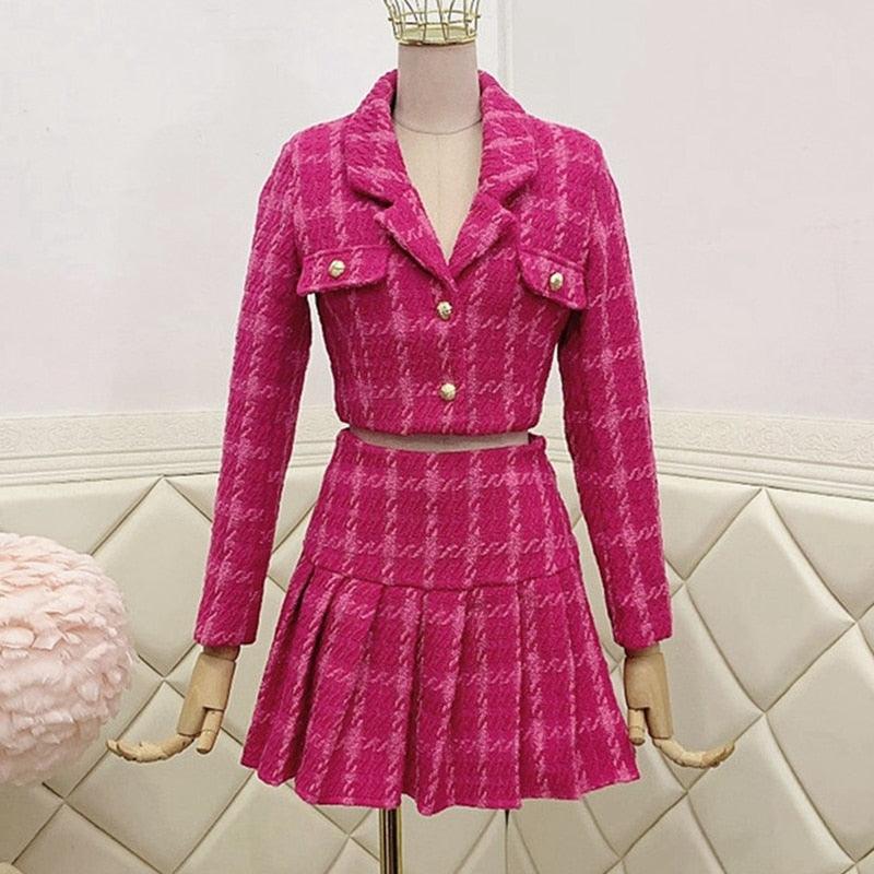 Vintage Tweed Woolen Short Jacket Coat + Mini Skirts Sets