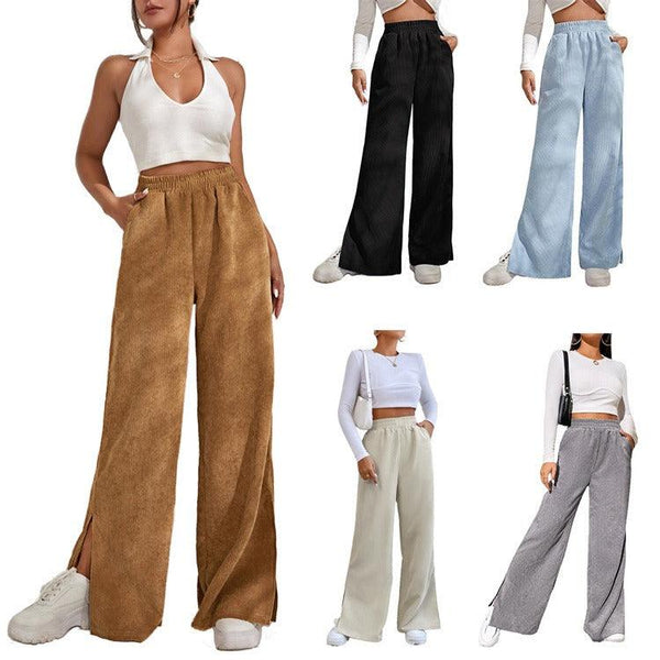 High Waist Solid Corduroy Splice Slit Bottom Pants - Stellar Real