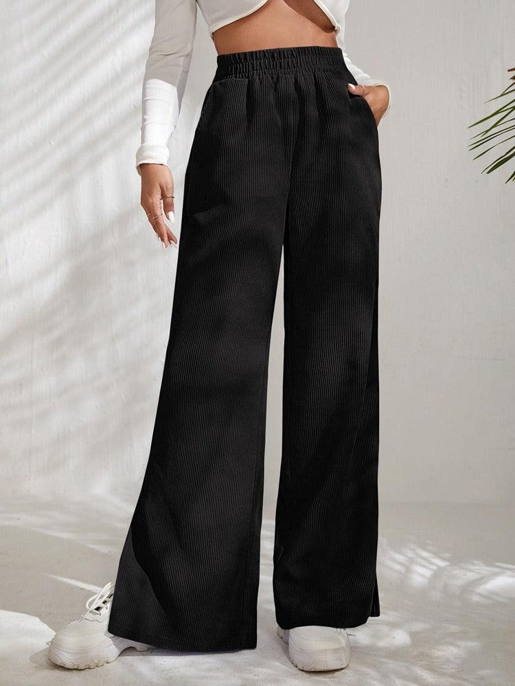 High Waist Solid Corduroy Splice Slit Bottom Pants - Stellar Real