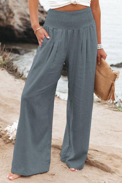 Cotton Linen Color Elastic Waist Wide Leg Pants - Stellar Real