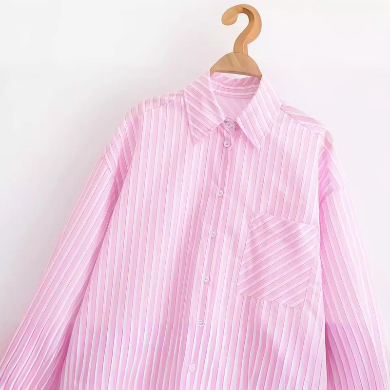 Lapel long sleeved striped single breasted loose shirt