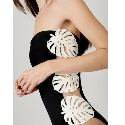 Black and white strapless leaf patchwork hollow one-piece Set