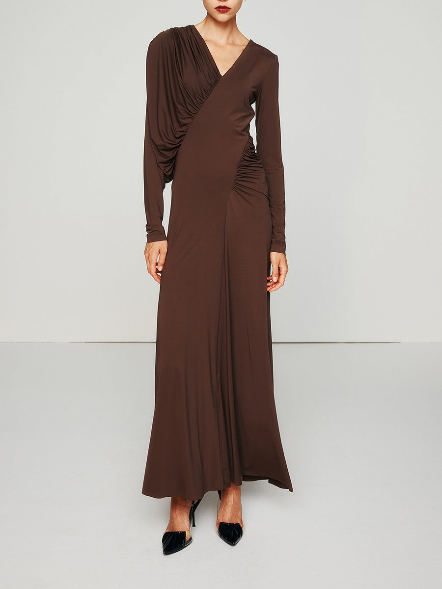 Asymmetric slim fit Long V-neck Dress Pleated