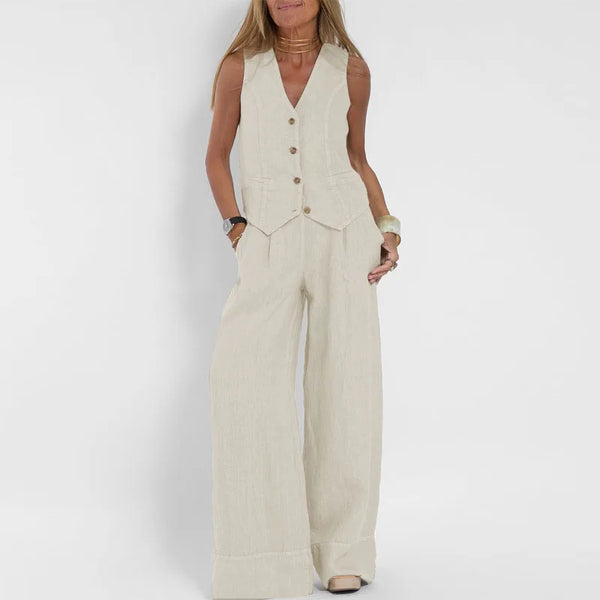 Waistcoat Trousers Wide Leg  Cotton Linen Set