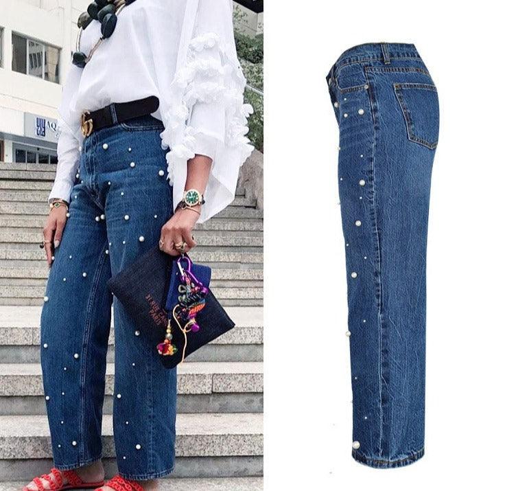 High Waist Flared Trousers Pearl Studded Loose Jeans - Stellar Real