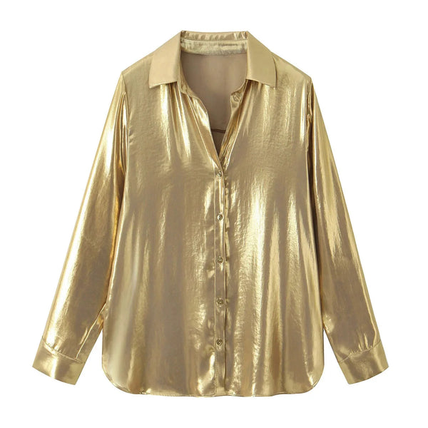 Metallic 2 Piece Set Sparkle Golden Lapel Long Sleeved Chic Shirt