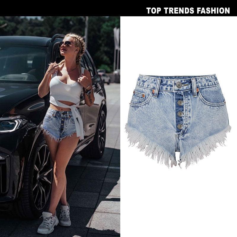 Women's Summer High Waist Breasted Worn Washed Snowflake Ladies Denim Shorts Beach Hot Pants - Stellar Real