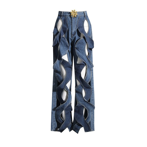 Hollow Twists Wide Contrast Metal High Waist Jeans