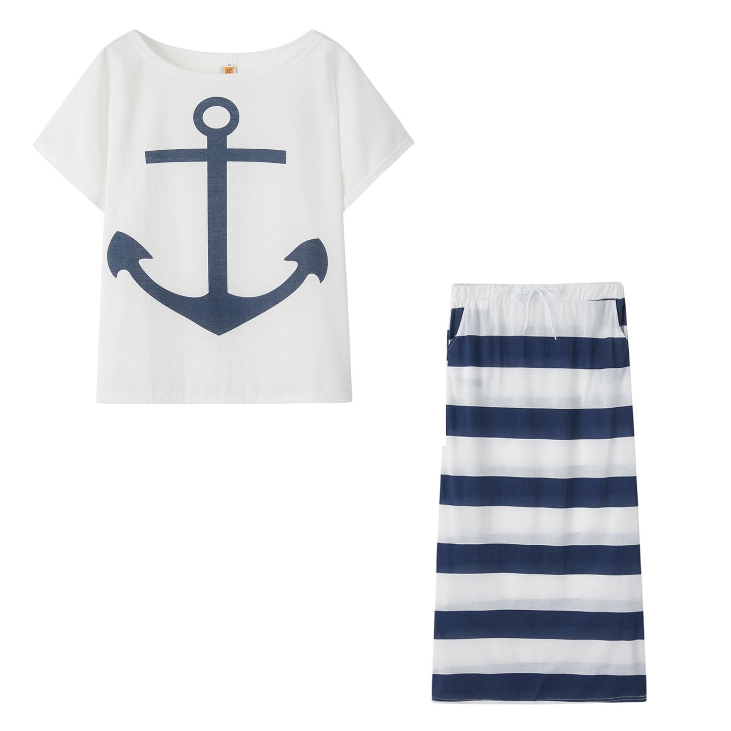 Navy Style Casual Boat Anchor Print Short Sleeve  Set