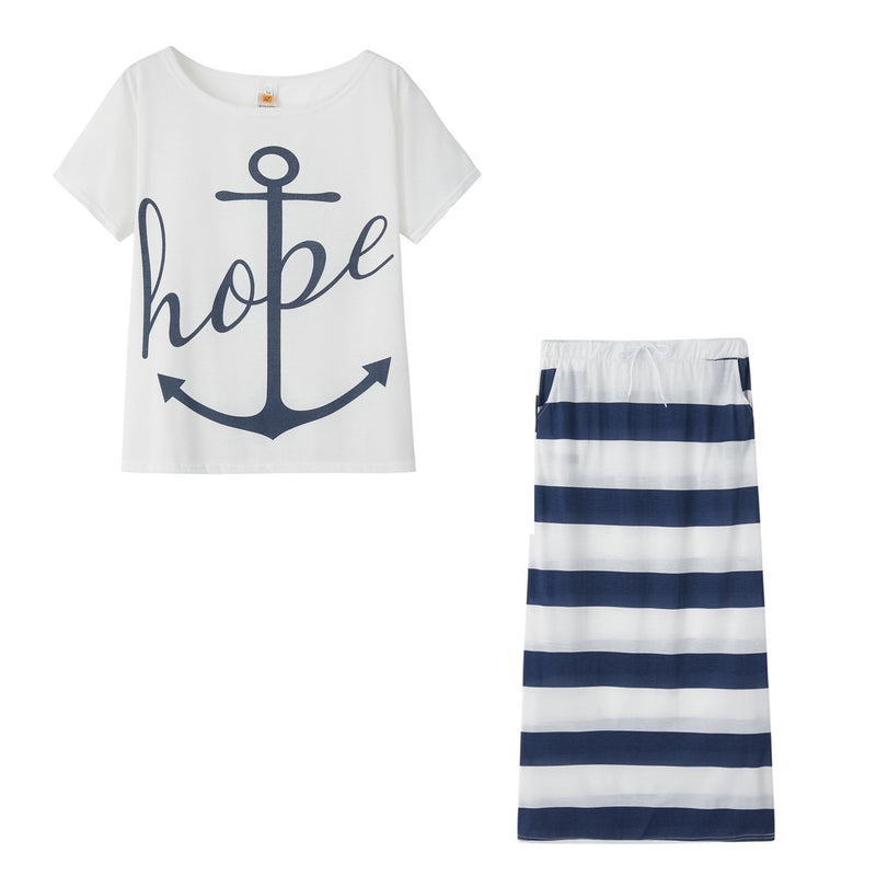 Navy Style Casual Boat Anchor Print Short Sleeve  Set