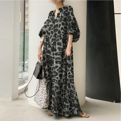 Leopard Print Stand up collar Bubble Sleeves Loose  Bohemian Dress