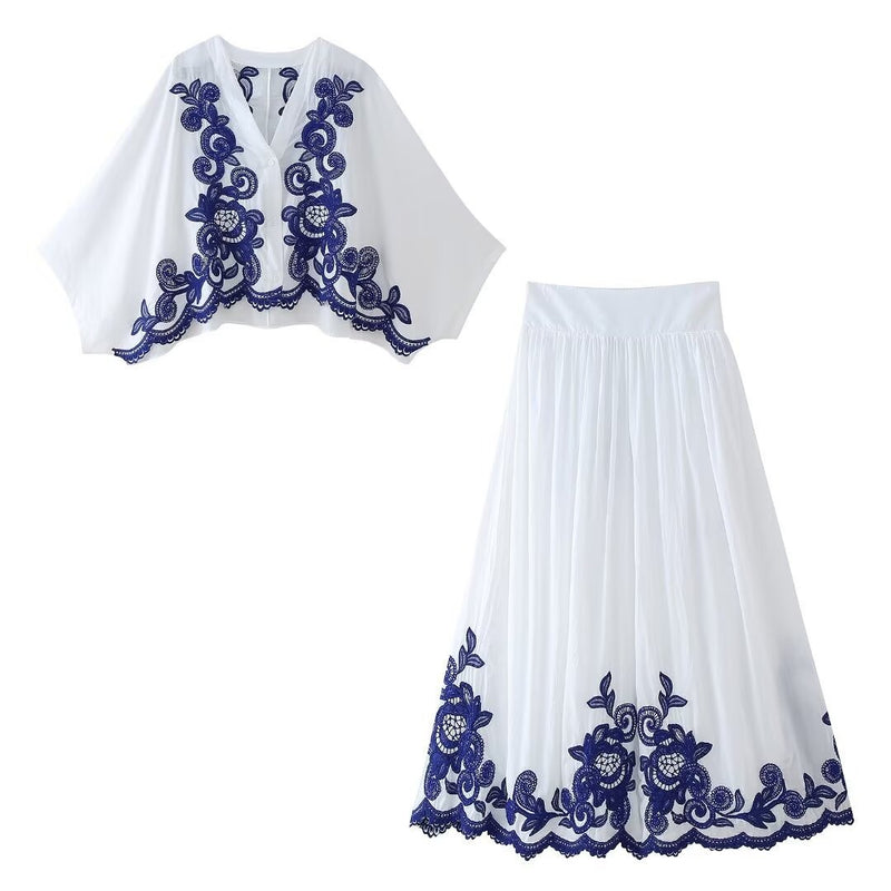 Contrasting embroidered shirt skirt set