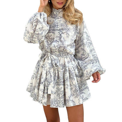 Long sleeved lace up high waisted printed dress