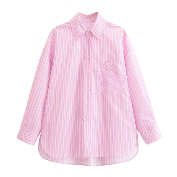 Lapel long sleeved striped single breasted loose shirt