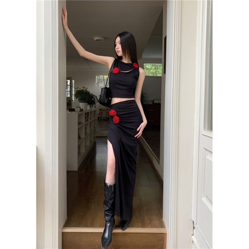 Irregular hollow vest + low waist long skirt two-piece Set