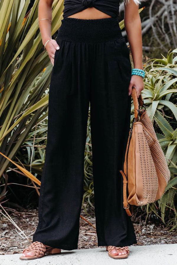 Cotton Linen Color Elastic Waist Wide Leg Pants - Stellar Real