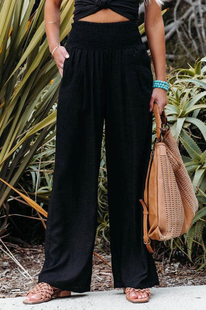 Cotton Linen Color Elastic Waist Wide Leg Pants - Stellar Real