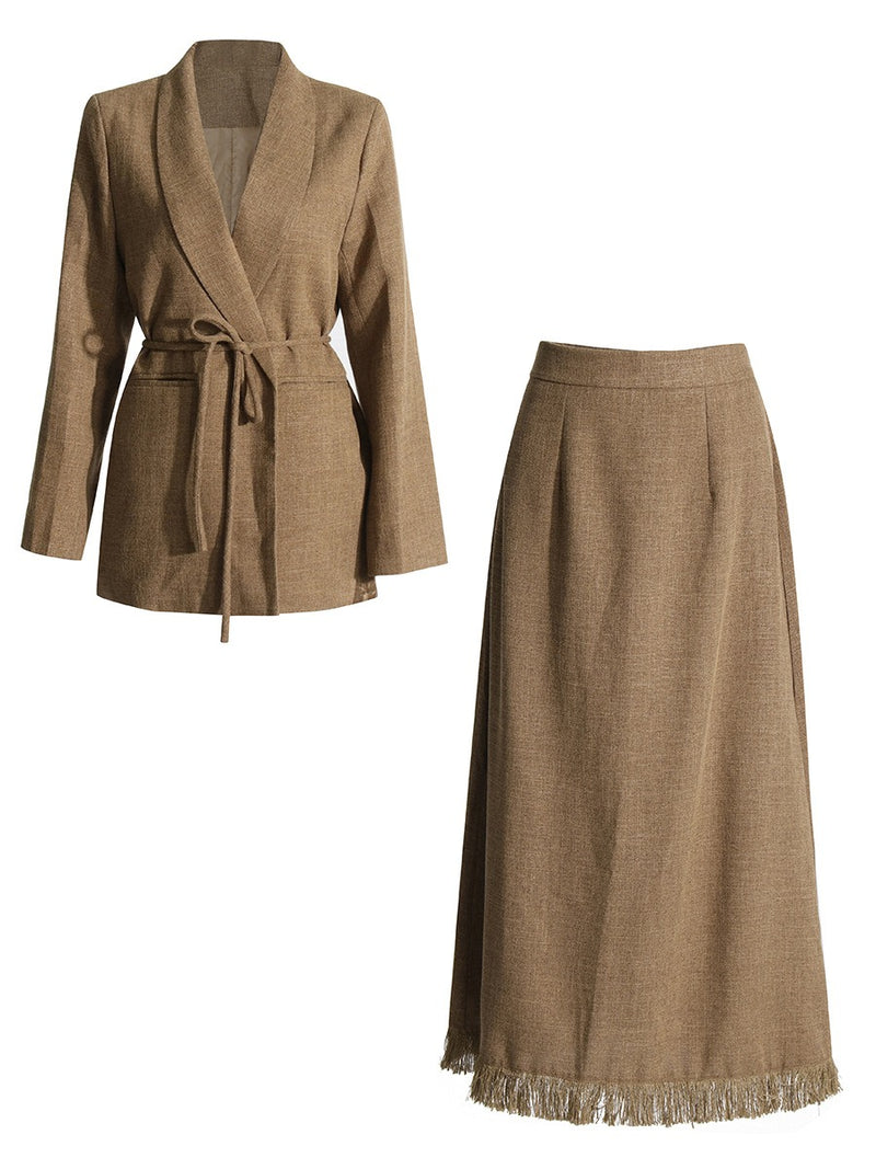 Solid Color Suit Waist Suit Jacket + Tassel Skirt Two-piece Set