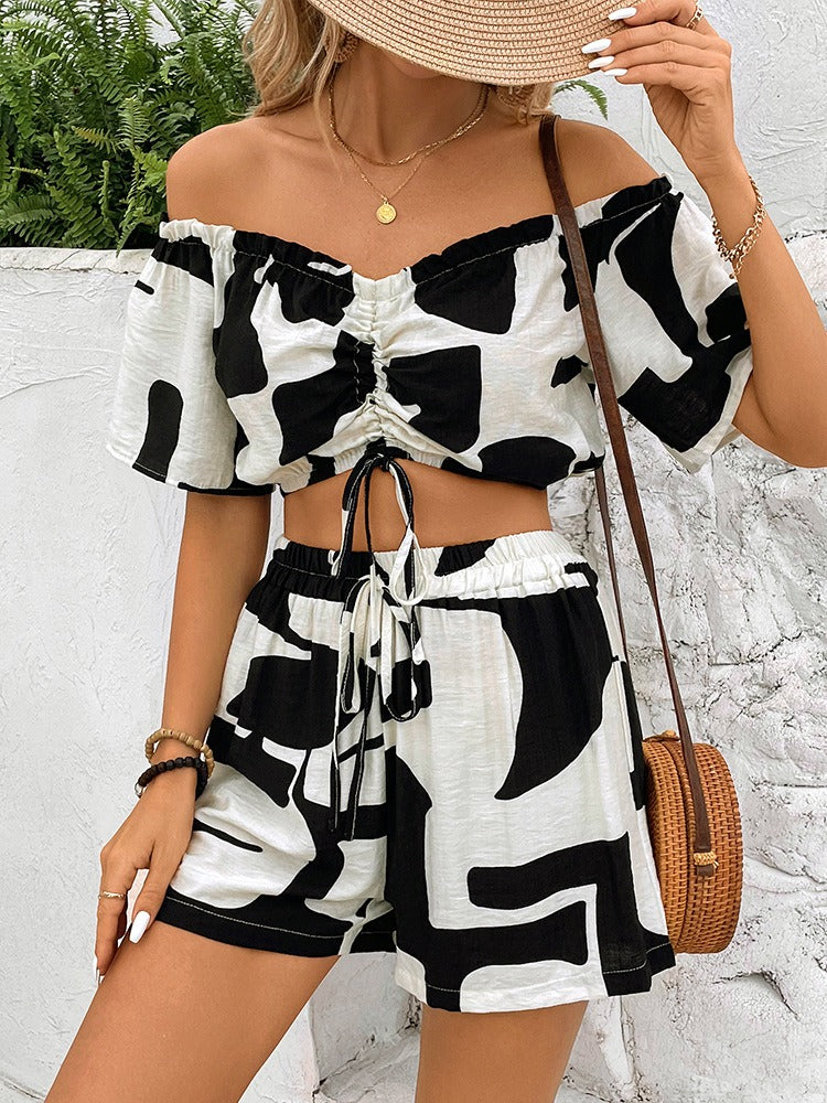 Abstract Loose Print Top and Shorts Two Piece Set