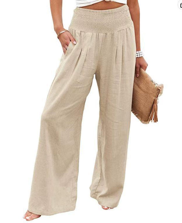 Cotton Linen Color Elastic Waist Wide Leg Pants - Stellar Real